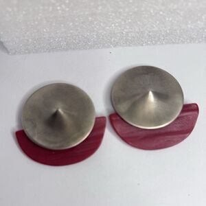 Vintage Red & Silver Geometric Half Circle Clip On Earrings 80’s Style